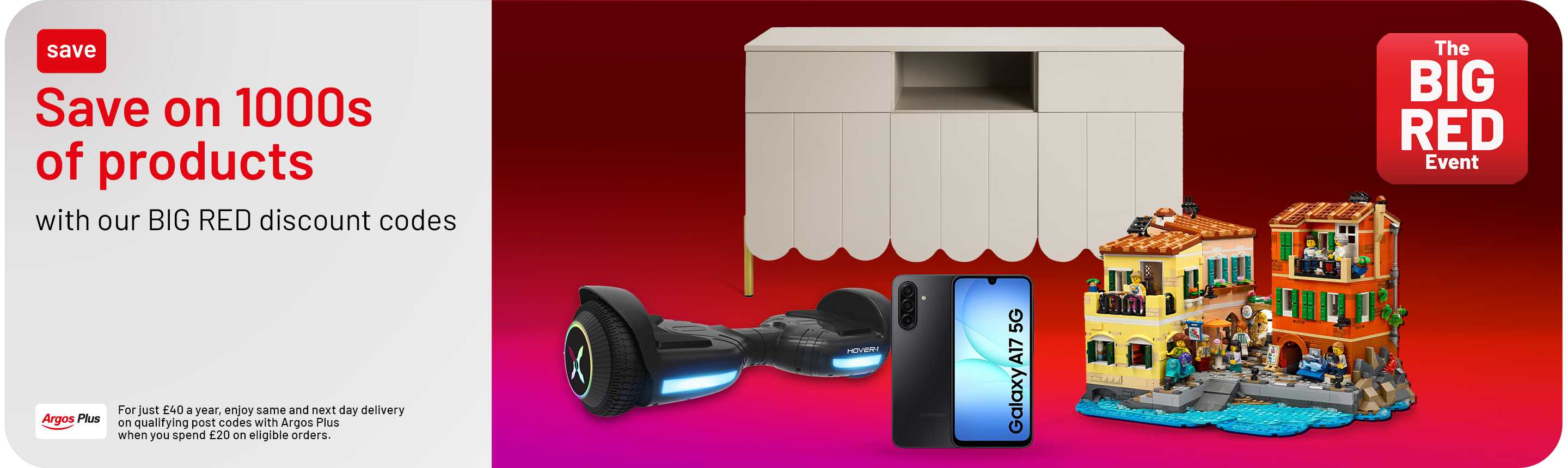 Save on 1000s of products with our big red discount codes. Argos plus. For just £40 a year, enjoy same and next day delivery on qualifying post codes with Argos Plus when you spend £20 on eligible orders.
