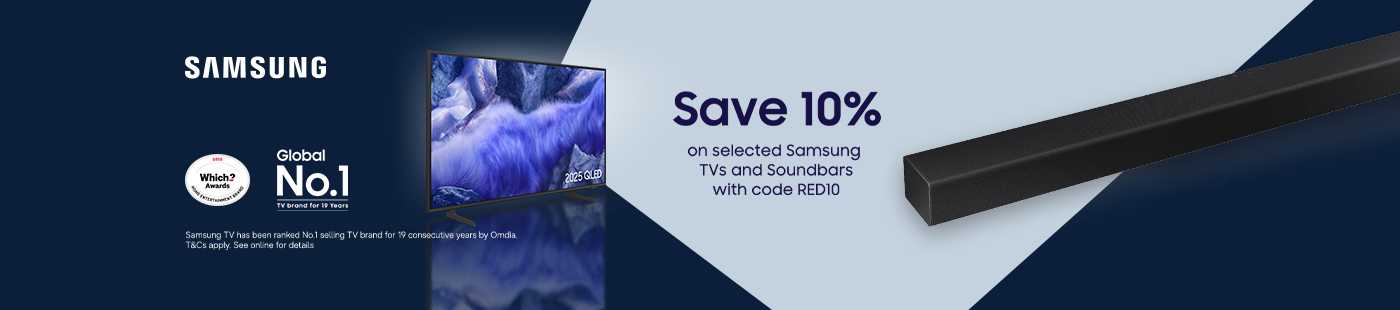 The Big Red event. Samsung. Save 10% on selected Samsung TVs and soundbars with code RED10.