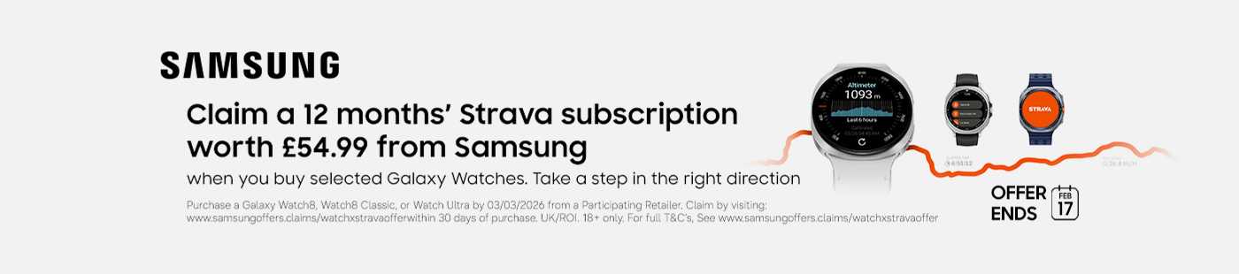 Samsung. Claim a 12 months Strava subscription worth £54.99 from Samsung. When you buy selected Galaxy watches. Take a step in the right direction. Offer ends 17 Feb.