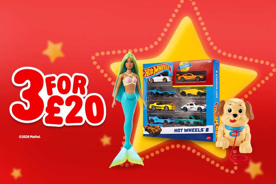 Across 100's of products. Includes Hot Wheels, Barbie, Play-Doh and more!