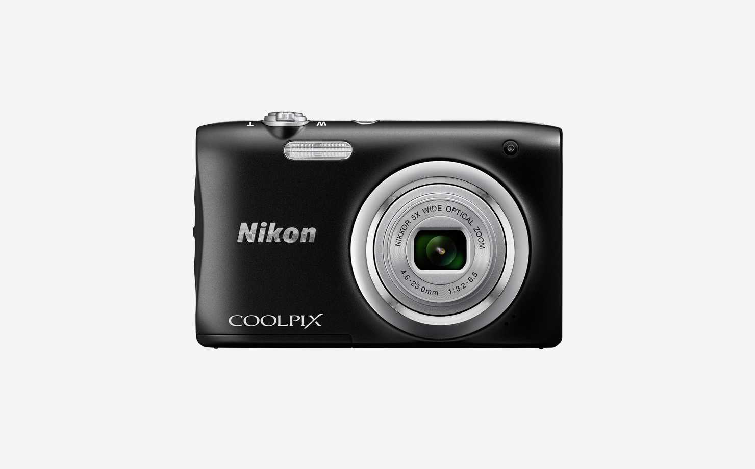 A black and silver compact digital camera.