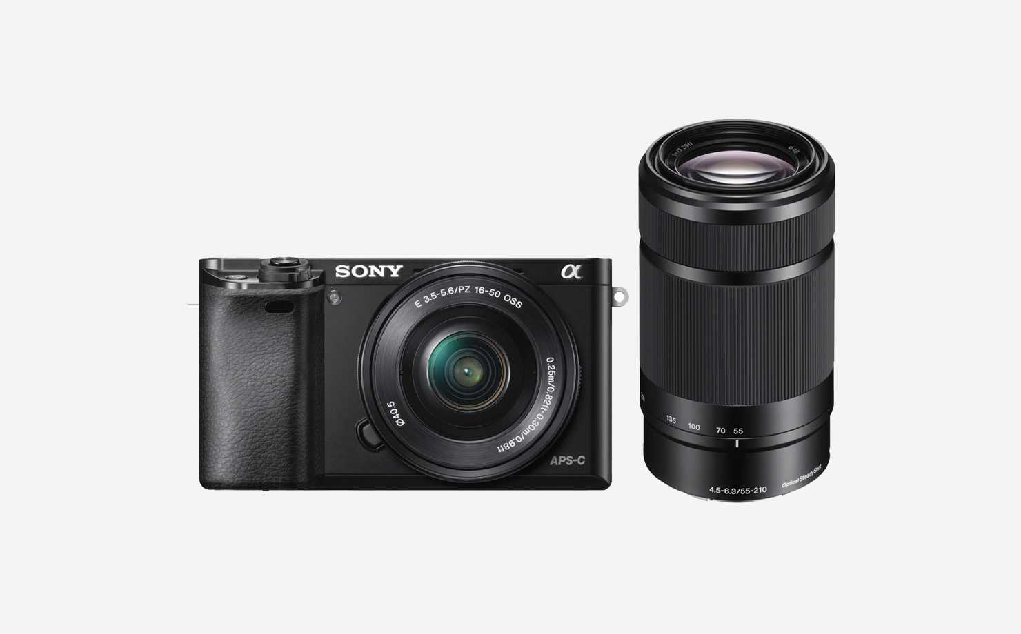 A black mirrorless camera.