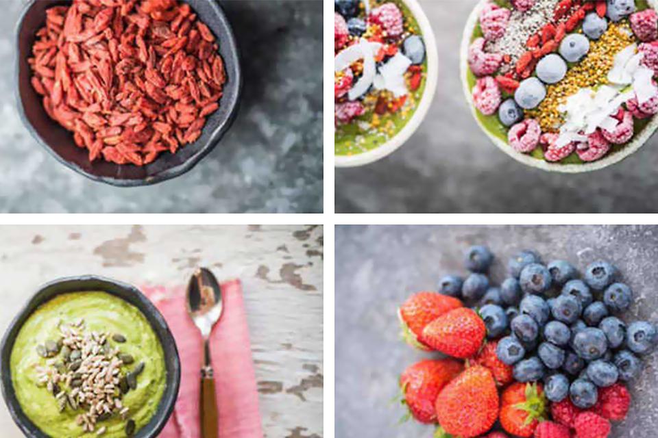 4 bowls of fruit and smoothies.