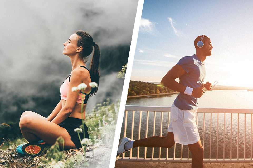 A split image of a woman meditating and a man running with headphones on.