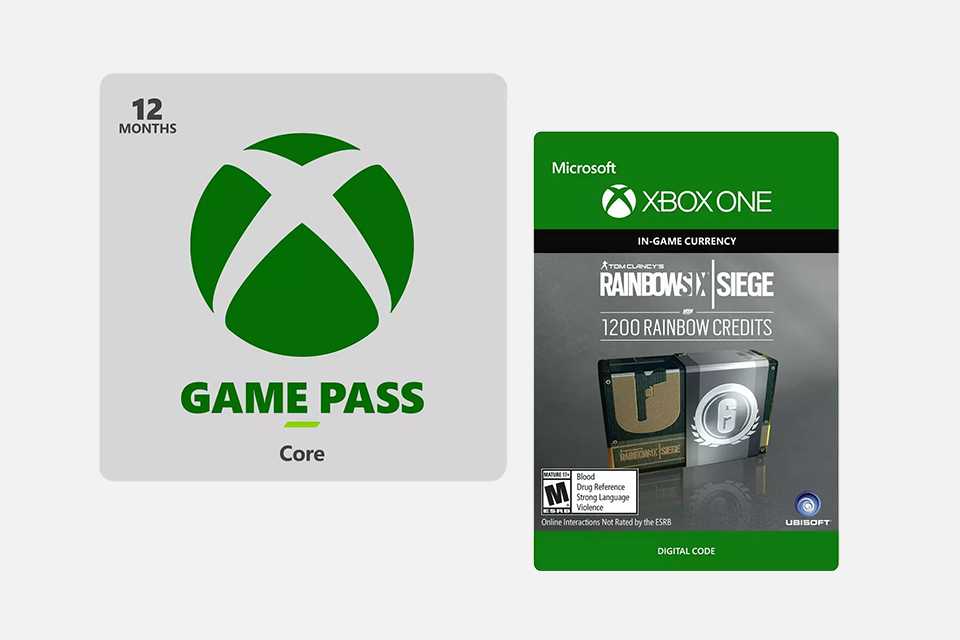 A split image of a Xbox Game Pass Core 12 Months digital download and a Rainbow Six Siege 1200 Credits Xbox One digital download.