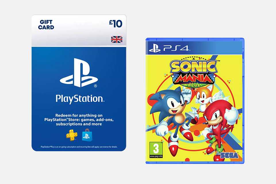 A split image of a PlayStation Store 10 GBP Gift card and a Sonic Mania Plus PS4 game.