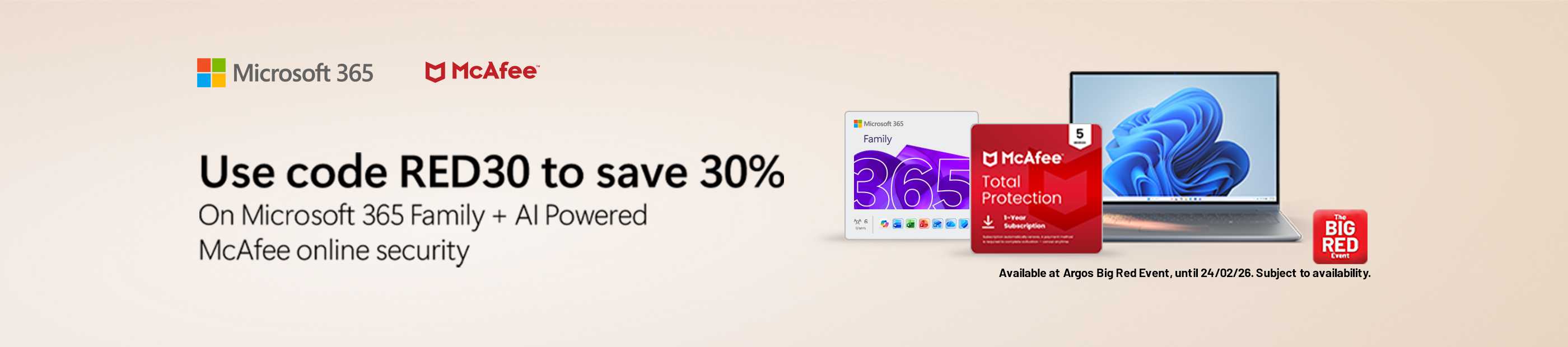 The Big Red Event. Microsoft 365. McAfee. Use code RED30 to save 30% on Microsoft 365 family + AI powered McAfee online security.