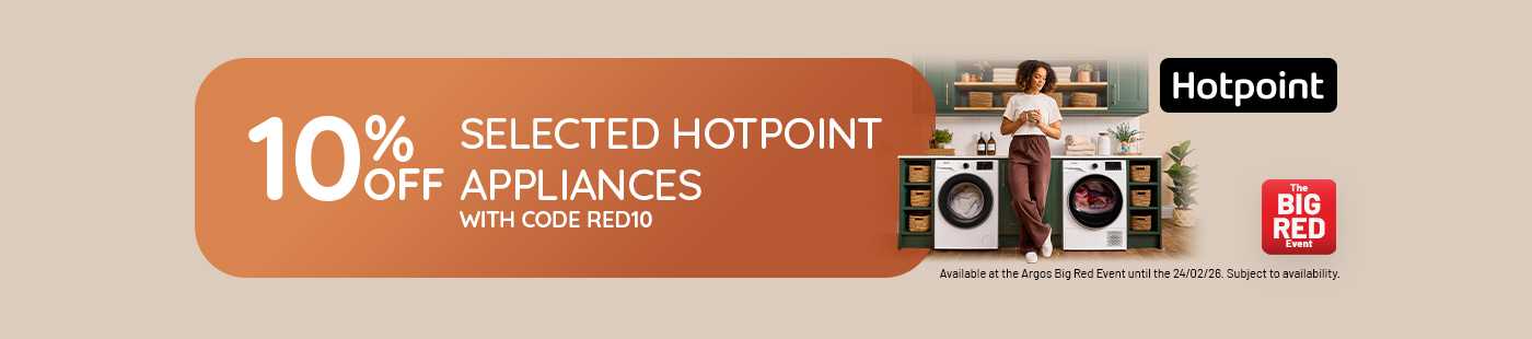 The Big Red Event. Hotpoint. 10% off selected Hotpoint appliances with code RED10.