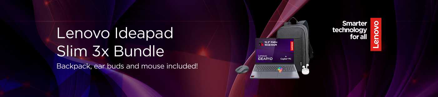 Lenovo. Smarter technology for all. Lenovo Ideapad Slim 3x Bundle. Backpack, ear buds and mouse included.