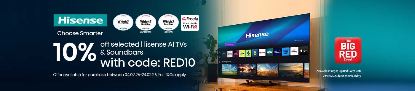 Hisense. Choose smarter 10% off selected Hisense AI TVs & soundbars with code: RED10. The Big Red Event.