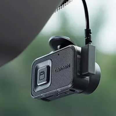 A dash cam at the front of the car.