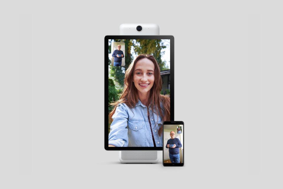 Both devices are shown for a conversation between an older man using a Portal screen, and a young woman using a regular smartphone.