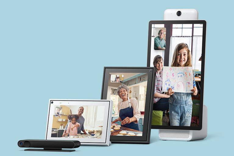 Three different Portal screens are displayed on a blue background in order of size. Each one shows different conversations happening between families, with smiling grandparents, children and parents on screen.