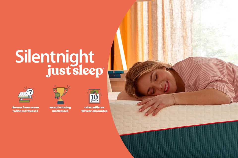 Woman sleeping on Silentnight Just Sleep mattress with its USPs detailed on left side of image.