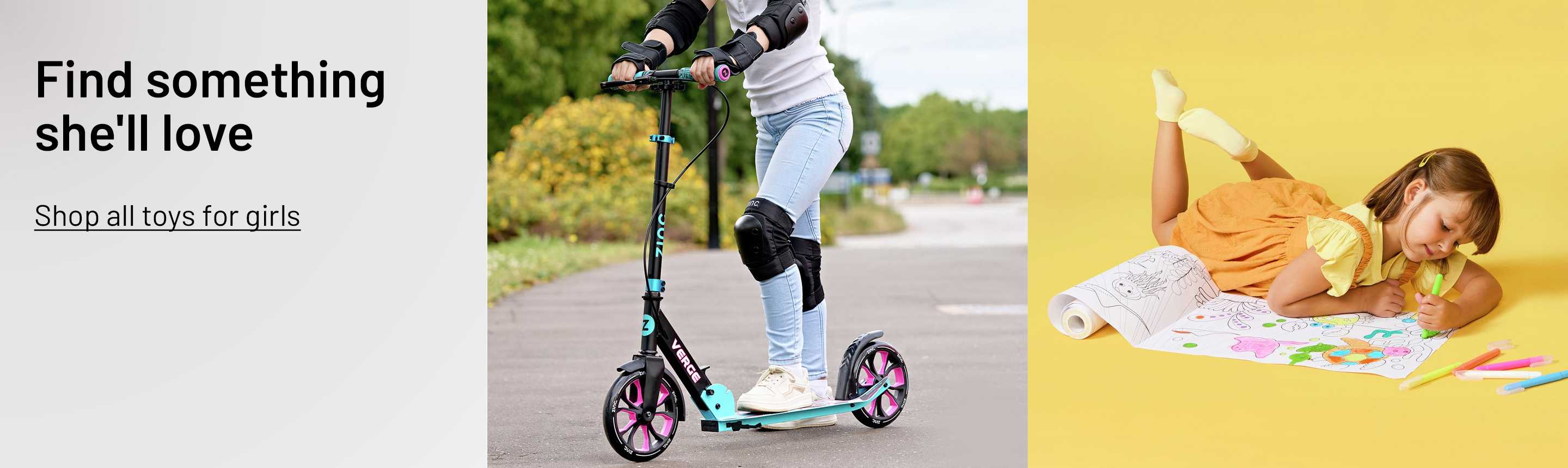 A girl riding a Zinc Verge Pro Foldable Big 2 Wheel Scooter and a girl with Chad Valley Ultimate Box of Paint Sticks.