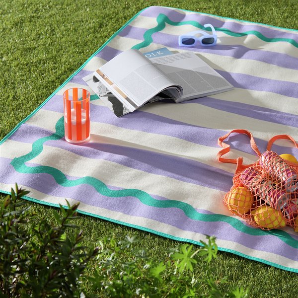 Purple stripy picnic blanket with a book, food and drink set up on grass