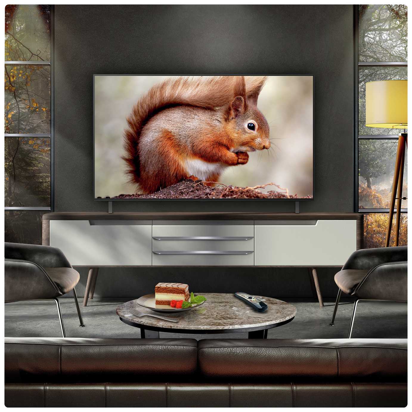 LG 55 Inch OLED55B56LA Smart 4K UHD HDR OLED TV on a TV stand in a living room set up.