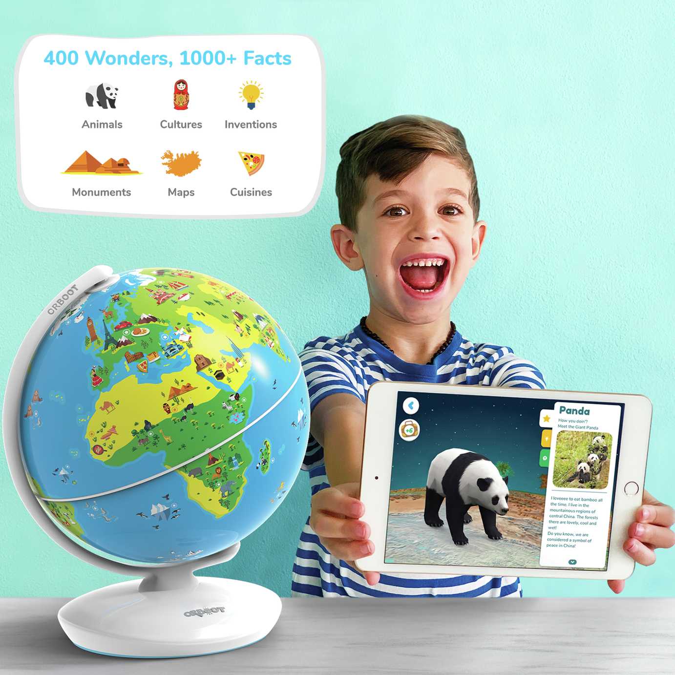 A child with a globe and an iPad.