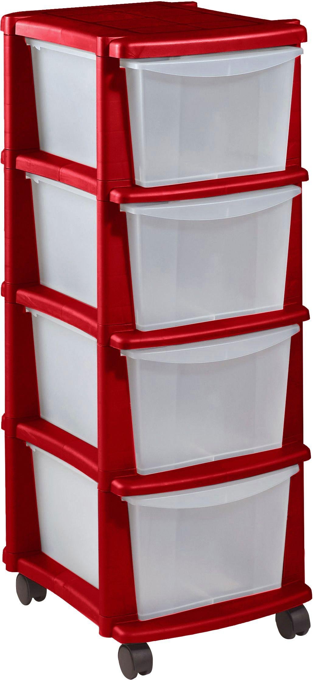 HOME 4 Drawer Red Plastic Tower Storage Unit