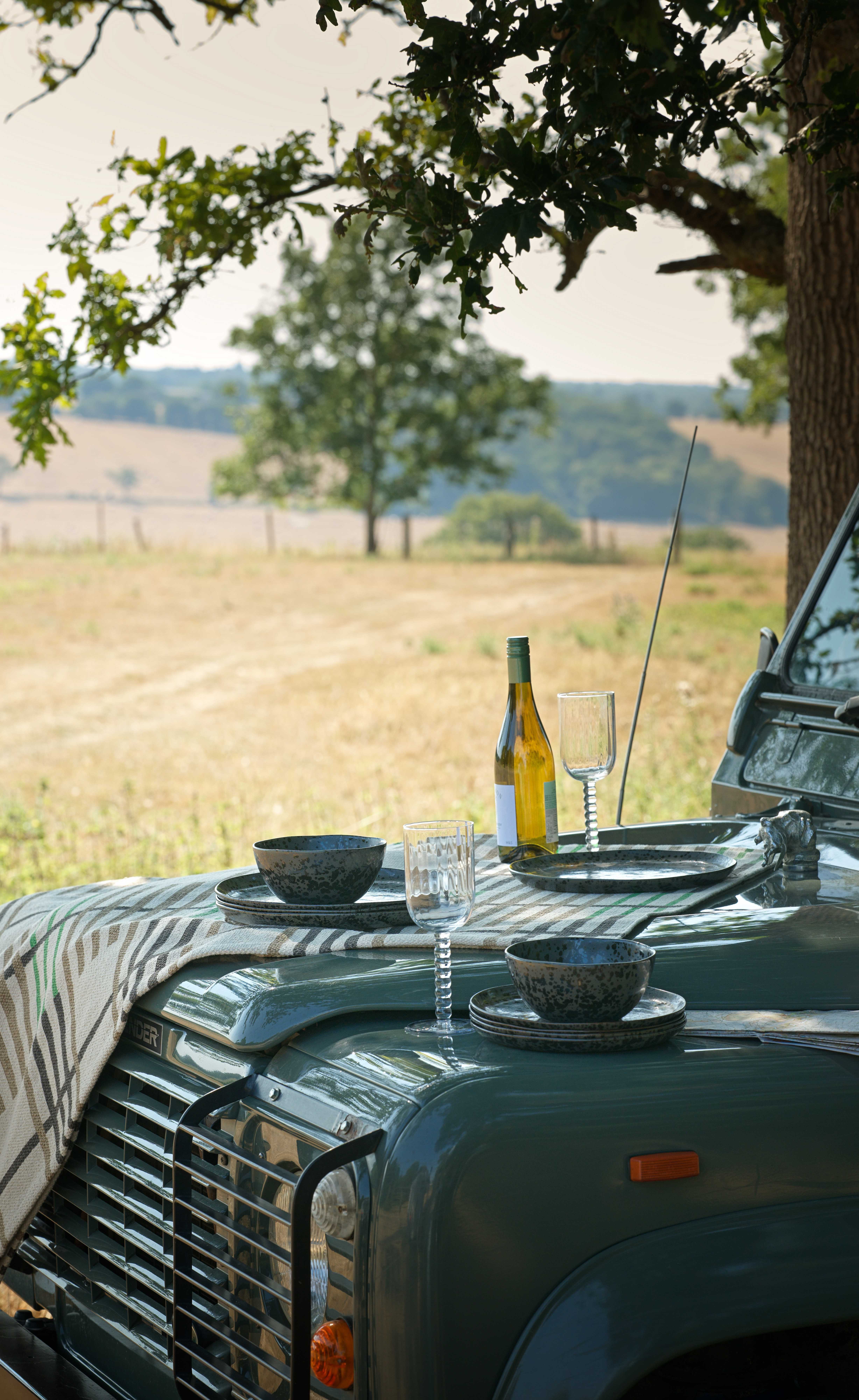 pic nic set up in field with throws covering table and tableware on table