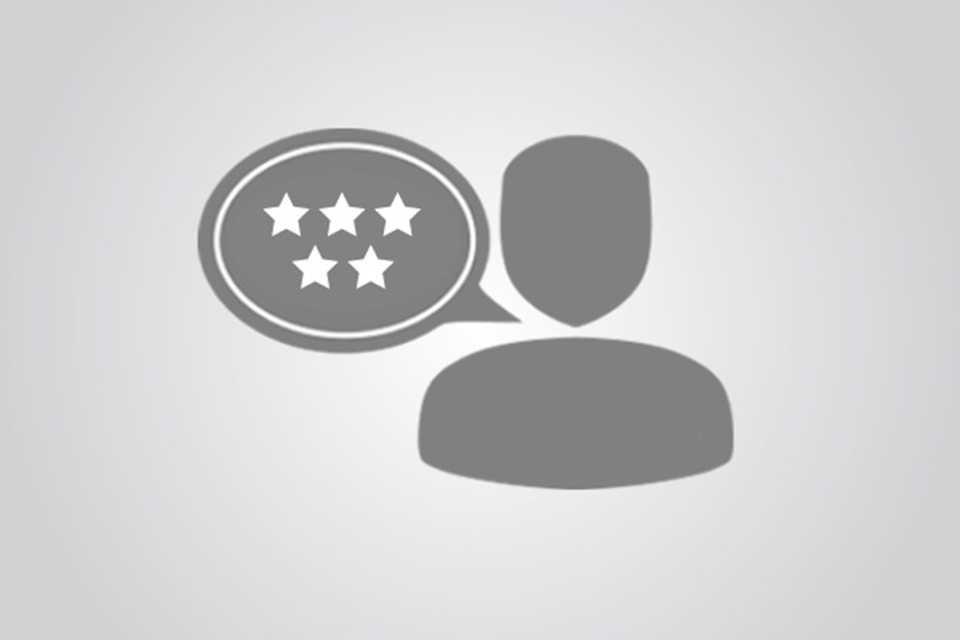 An icon of a person and a speech bubble with 5 stars.