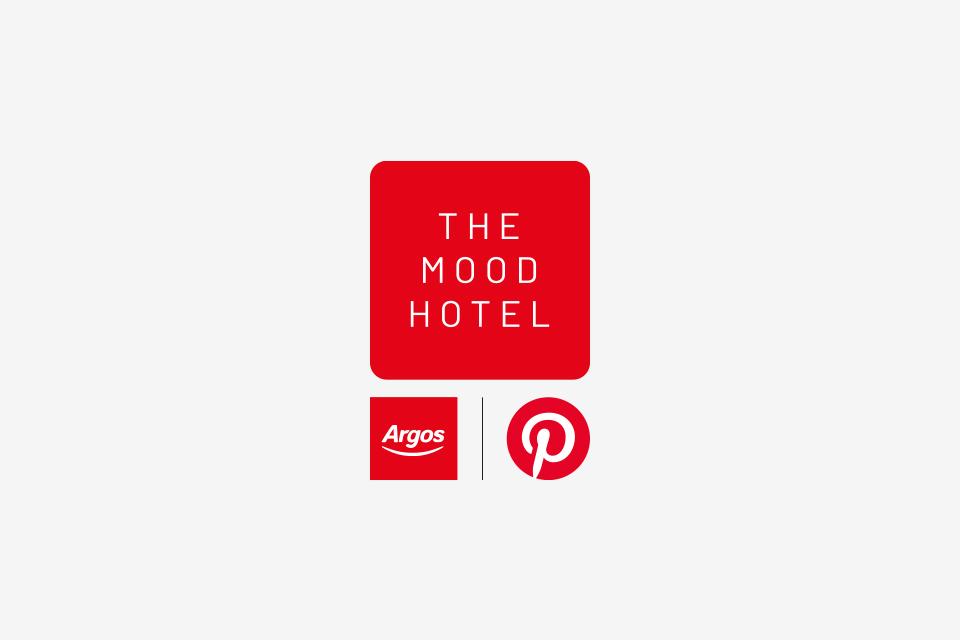 Logos of The Mood Hotel, Argos and Pinterest against a solid background.