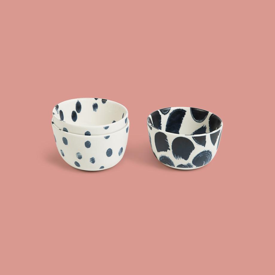 A set of Habitat stoneware nibble bowls in black and white brushstroke print.