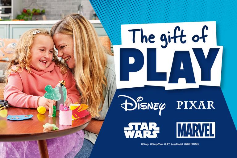 A mother and daughter play with Disney toys.