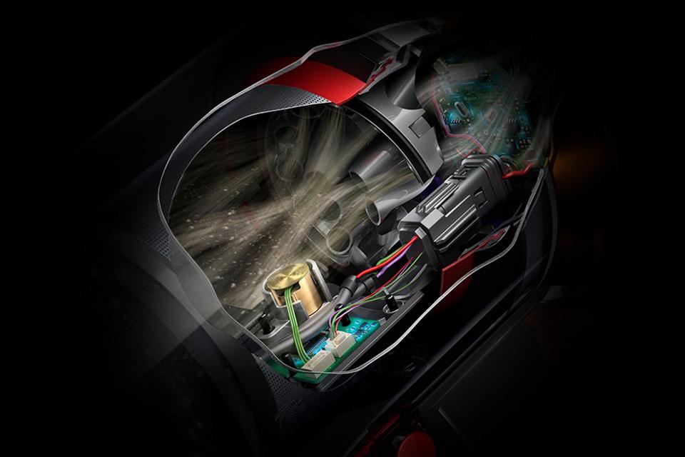 The inside view of the Dyson V15 Detect demonstrating the special sensor.