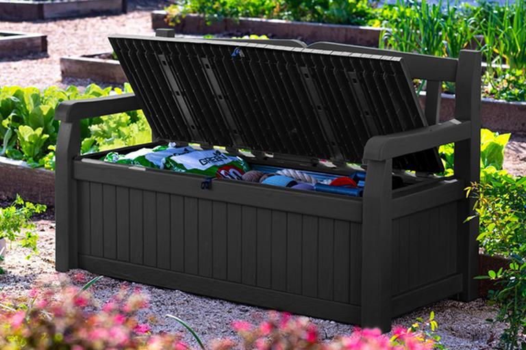 A garden bench with storage.