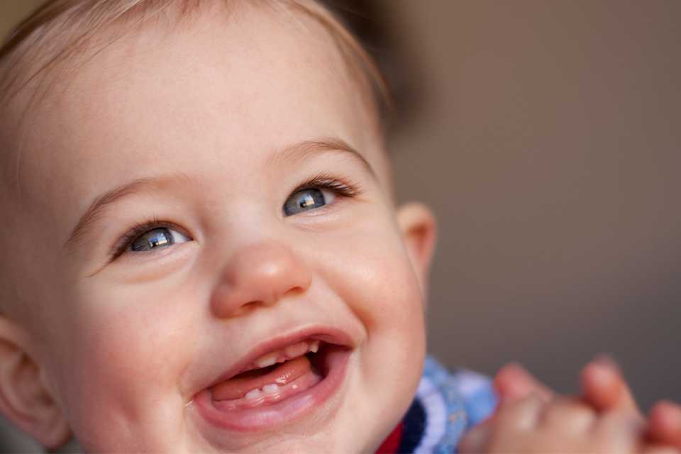 A close-up shot of a baby's growing teeth.