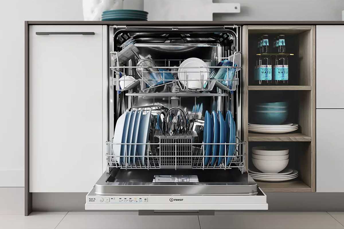 Dishes arranged on dishwasher rack.