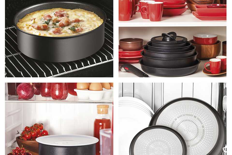 A split screen image shows the versatile Tefal Ingenio pans conveniently placed in an oven, cupboards, fridge and a dish-dryer.
