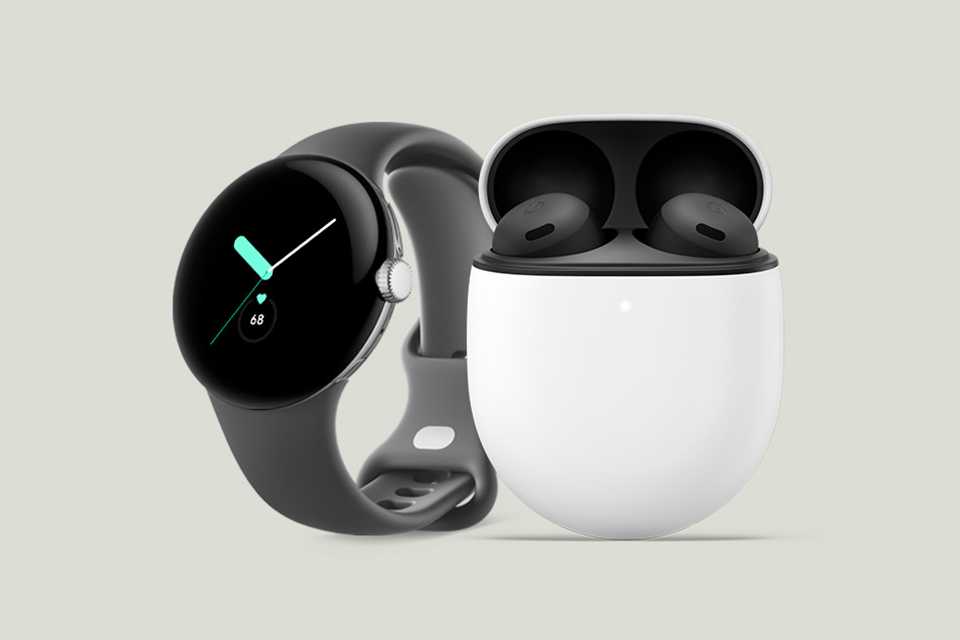 A Google Pixel watch and Pixel Buds Pro wireless earbuds.