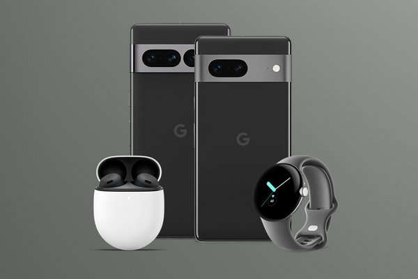 A Google Pixel watch and Pixel Buds Pro wireless earbuds placed next to Google Pixel 7 and Pixel 7 Pro phones.
