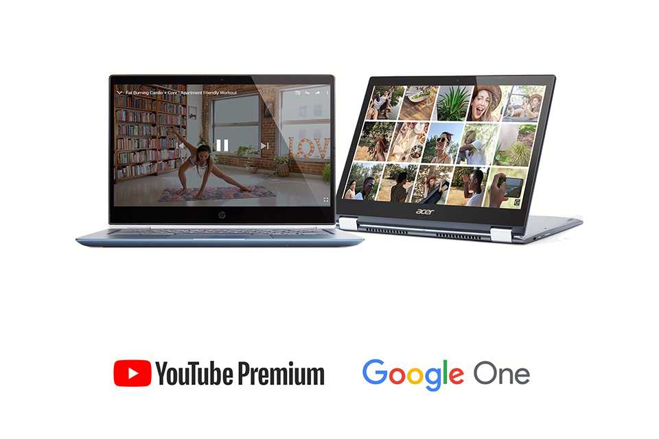 3 Chromebooks featuring YouTube Premium and Google One.