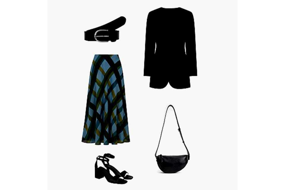 Black tailored blazer and belt styled with a green and blue patterned midi skirt, black heeled sandals and a black shoulder bag on a white background.