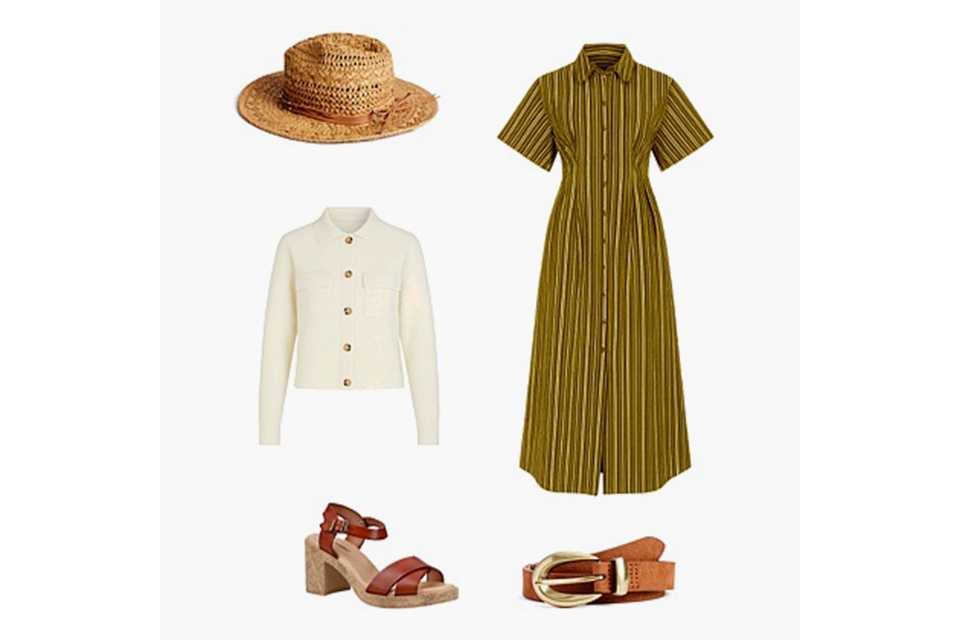 Green striped short sleeve shirt dress styled with a straw hat, cream buttoned cardigan, tan belt and brown block‑heel sandals on a white background.