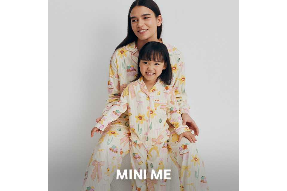 Matching family nightwear set with leaf‑print designs for parent and child.