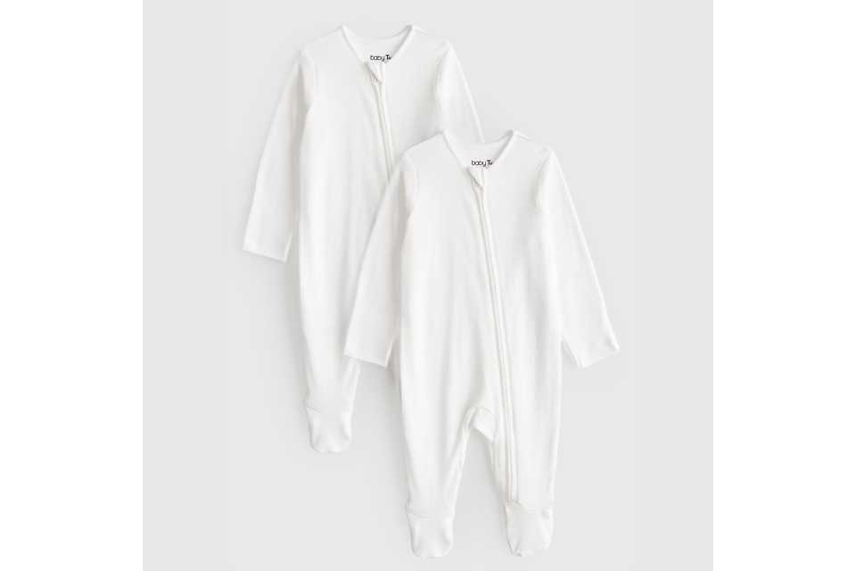 Baby sleepsuit with diagonal zip opening.