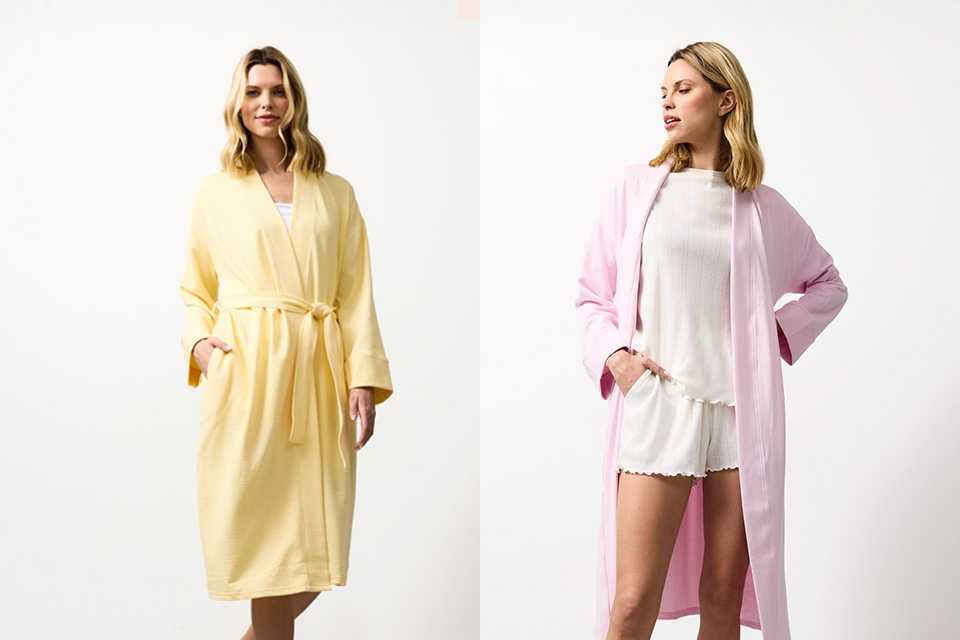 Tow images being shown- a man wearing grey slippers and dark blue check pyjamas bottoms, and then a woman wearing a mocha brown hooded dressing gown with neutral pyjama bottoms.