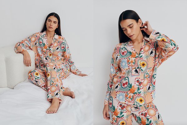 Mother and child wearing matching floral pyjamas from the nightwear collection.