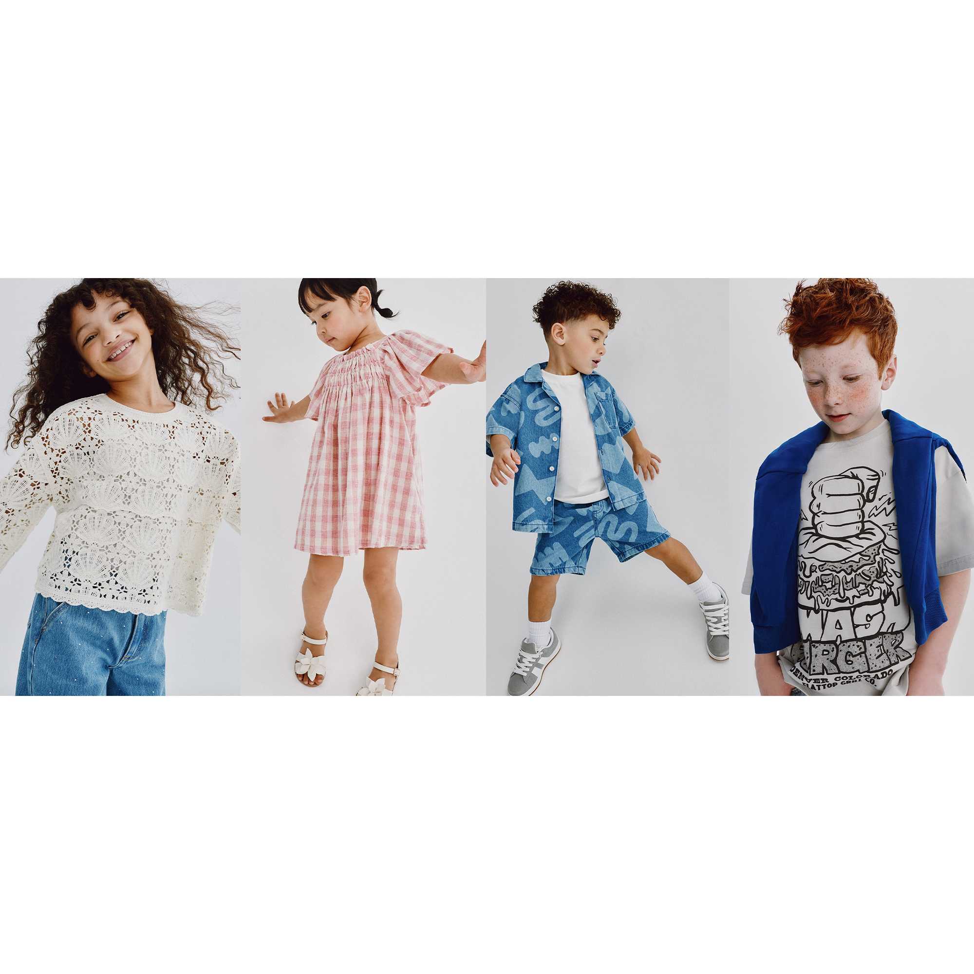 Four images showing adults and children wearing casual clothing, including a lilac zip-neck top, a patterned sweater with flared jeans, printed children's pyjama sets, and a blush pink hoodie.