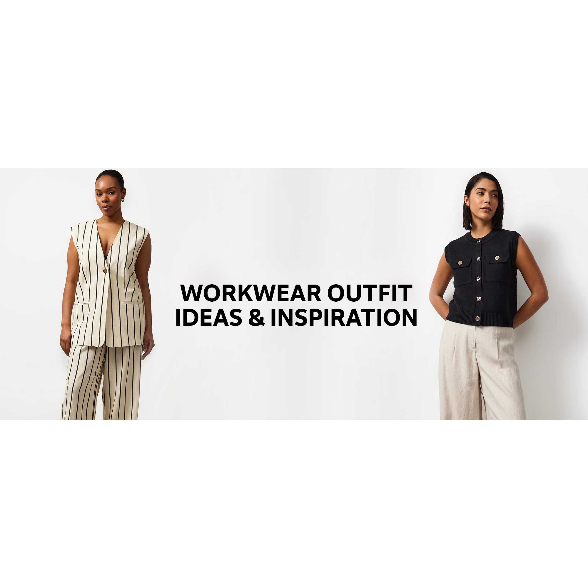 Smart workwear outfit ideas featuring tailored waistcoat, trousers and sleeveless top.