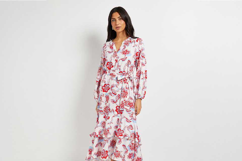 Floral summer outfit styled for special occasions, suitable for wedding guest dressing in warmer weather.