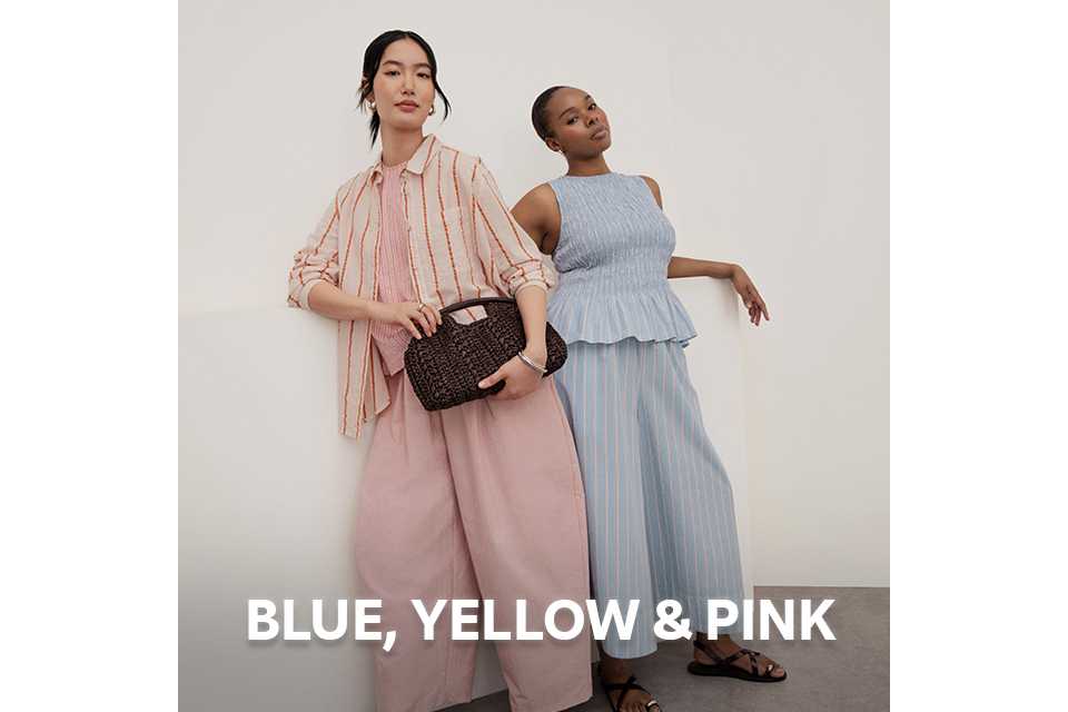 Blue, yellow & pink.