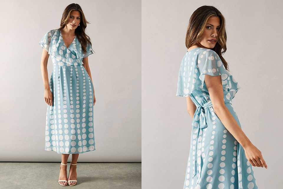Blue polka dot midi occasion dress with soft drape and short sleeves, suitable for mother of the bride outfits.