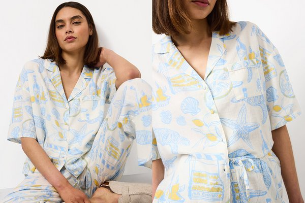 Light blue printed cotton pyjama set with short sleeve shirt and matching trousers for women nightwear.