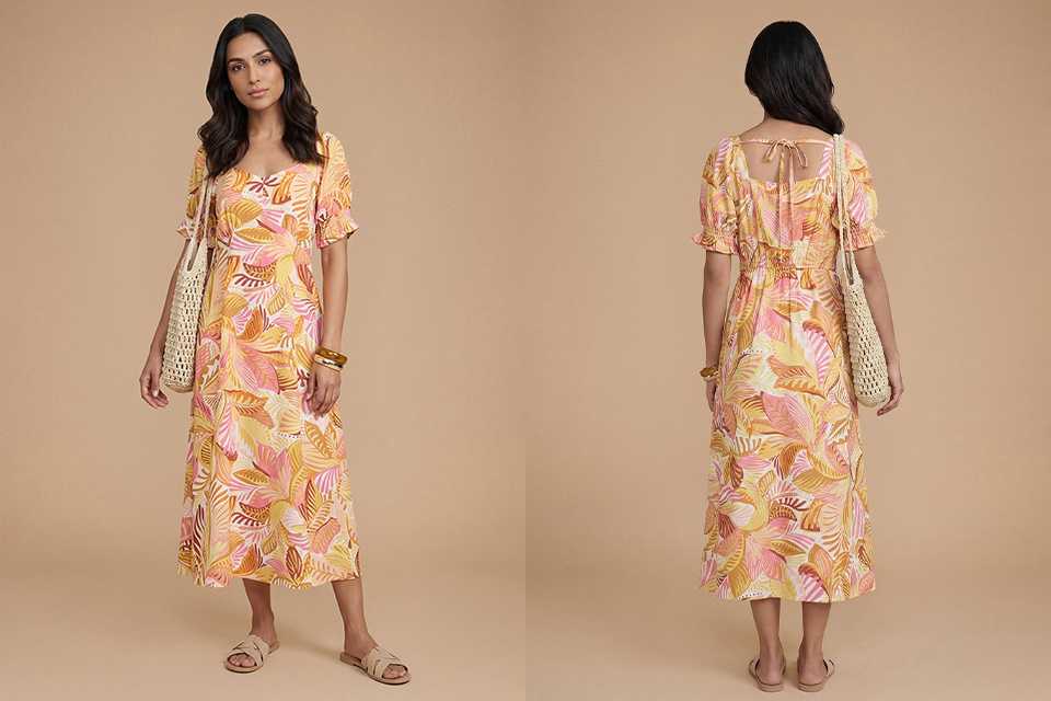 Blue printed wrap midi dress with short sleeves and tie waist, shown from front and back, styled with a clutch bag in an outdoor setting.