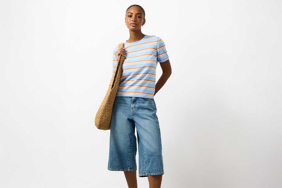 Striped sleeveless top with cropped wide-leg jeans styled as breathable base layers for summer outfits.